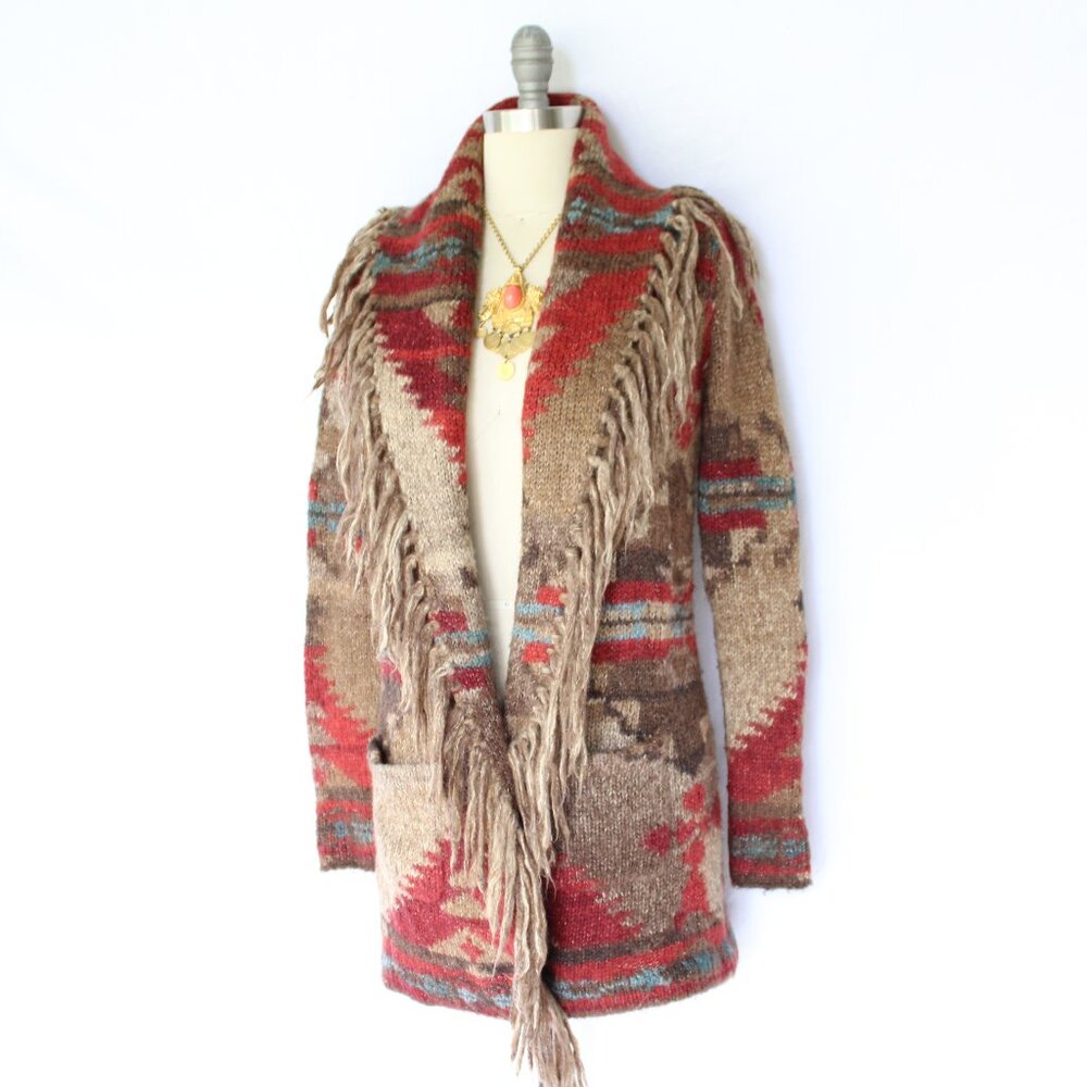 SOLD. RALPH LAUREN Denim Supply fringe polo RRL wool Aztec tribal Cardigan - Picture 2 of 10